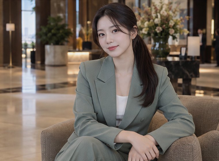 수원의 현대적인 라운지에서 일정 메모를 확인하는 20대 성인 한국 여성